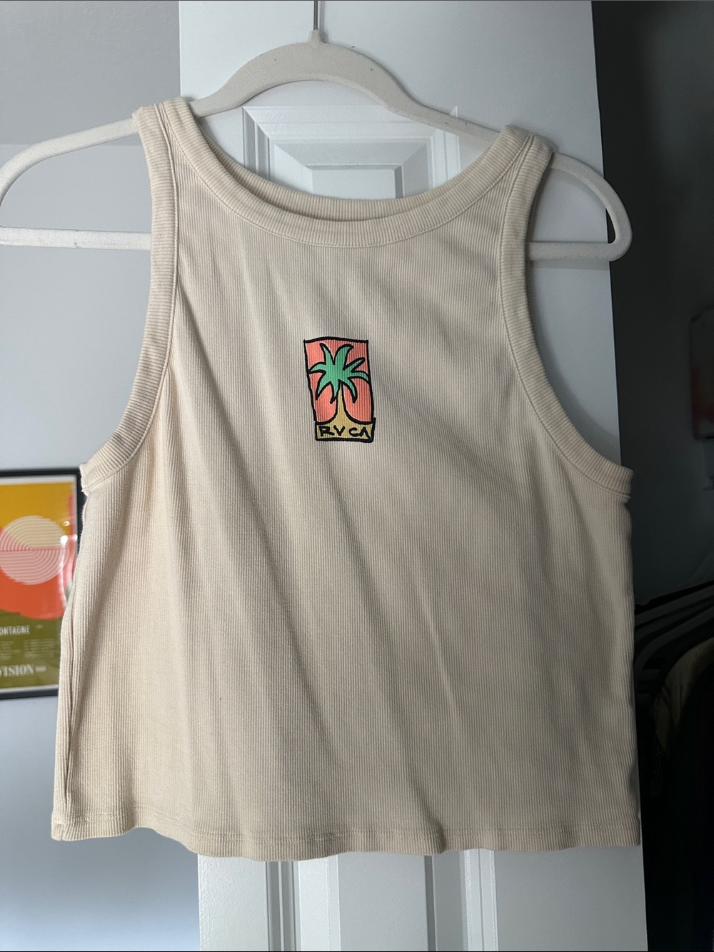 RVCA Cream Ribbed Palm Logo Tank